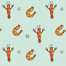 Load image into Gallery viewer, Cute Lobster and prawn Green Tea Towel. 100% Cotton & Made In The UK.